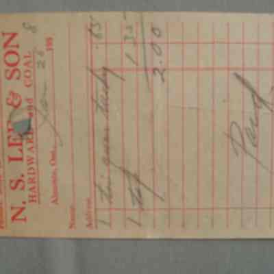 N. S. Lee & Son Hardware and Coal receipt