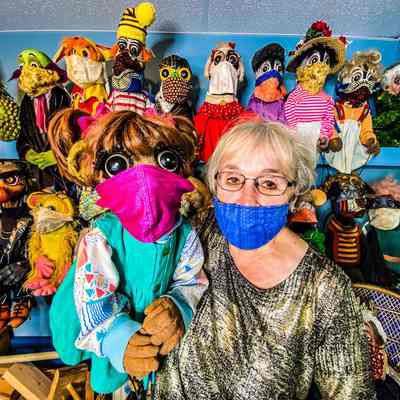Noreen Young and Gloria the Gopher in Face Masks