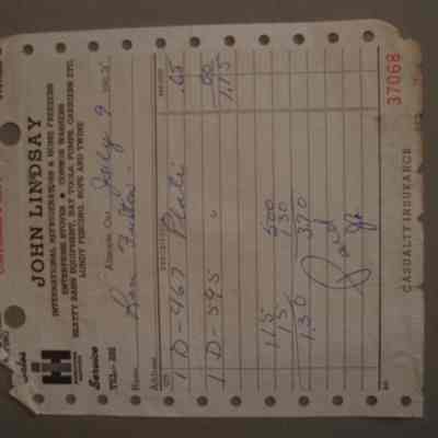 John Lindsay International Harvester receipt for Len Fulton