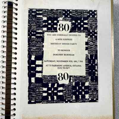 Photo Album - First Inside Page: Image shows an invitation to Dorothy's 80th Surpise Birthday Party