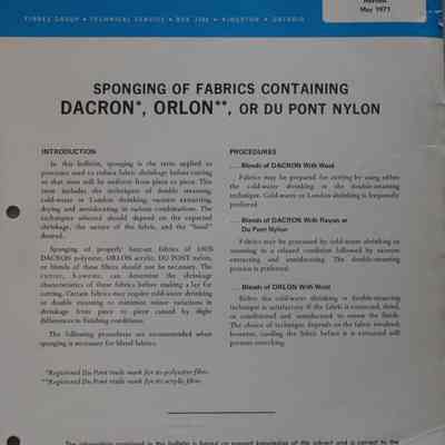 Technical service bulletin : Sponging of fabrics containing dacron, orlon, or Du Pont nylon.