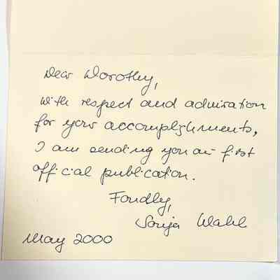 Note Attached to American Handweaving Museum: Introduction to the Collection: Open card with handwritten note addressed to Dorothy, signed by Sonja Wahl.