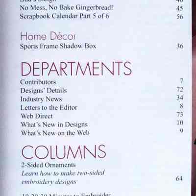 Designs in Machine Embroidery Volume 40, September October 2006 Index