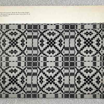 Hand Weaving Pioneer Canada - Back Cover: Intricate black and white geometric weaving pattern, called “Keep Me Warm One Night” on back cover, with text at the top.