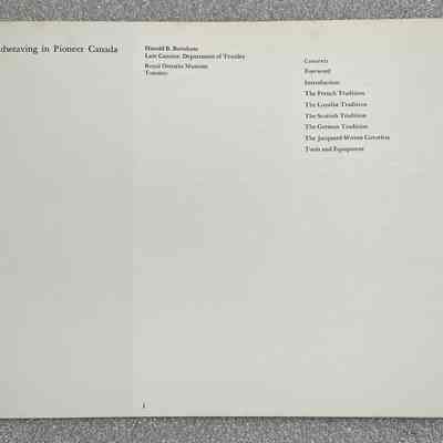 Hand Weaving Pioneer Canada - Table of Contents: Open booklet with title and table of contents for "Handweaving in Pioneer Canada".