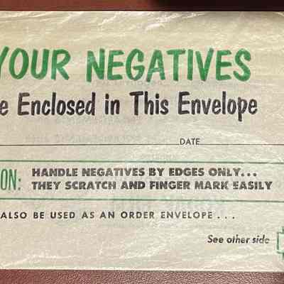 Negatives Envelope - 2021.12.309n: The image displays an old envelope labeled for storing photographic negatives.