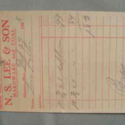 N. S. Lee & Son Hardware and Coal receipt for Len Fulton