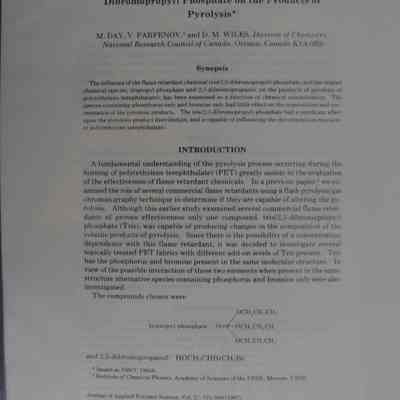 Combustion and pyrolysis of poly(ethylene terephthalate). III. The effects of tris (2,3 dibromoproply) phosphate on the products of pyrolysis. / M. Day, V. Parfernov, D.M. Wiles.