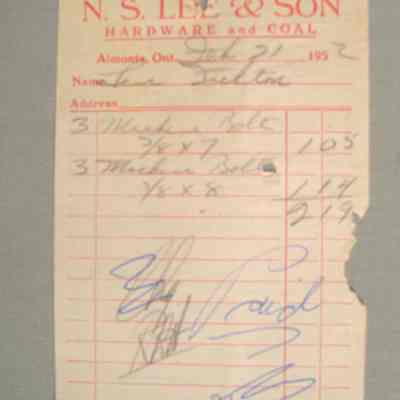 N. S. Lee & Son Hardware and Coal receipt for Len Fulton