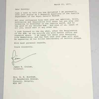 Letter to Dorothy Burnham from ROM Director James E. Cruise