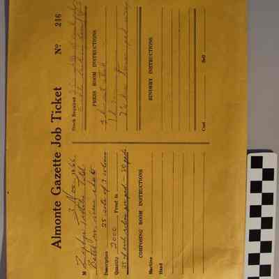 Almonte Gazette Job Ticket Envelope for a job for Zephyr Textiles