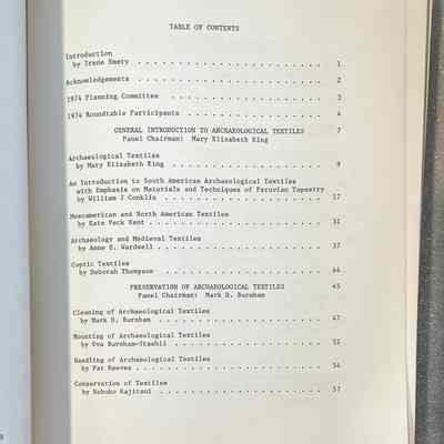 1974 Proceedings: Archaeological Textiles - Table of Contents Part 1: Pages 45 -51 written by Mark D. Burnham, and Pages 52-53 written by Eva Burnham-Staehli.