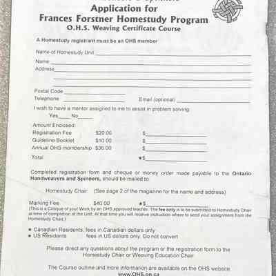 Fibre Focus - Back Cover: Application form for the Frances Forstner Homestudy Program by Ontario Handweavers & Spinners.