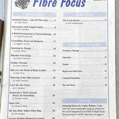 Fibre Focus - Table of Contents: Table of contents page from Fibre Focus, Volume 47, Number 2, Summer 2004, listing features, columns, and current affairs articles with titles and page numbers.