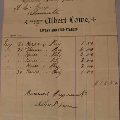 Invoice from Albert Lowe Livery and Stables , Carleton Place.