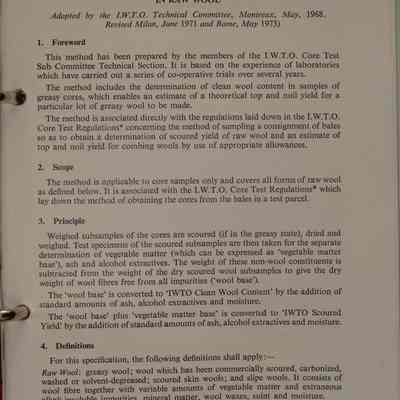 Specifications prepared by the sub-committee for test methods and values adopted by the I.W.T.O. technical committee.