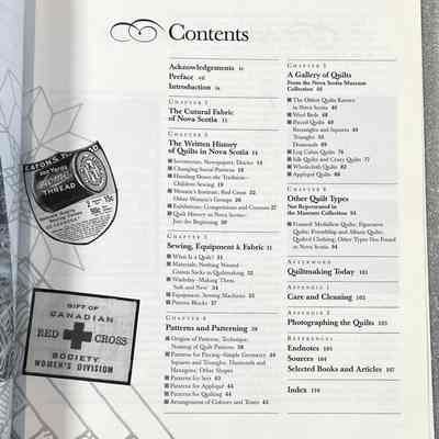 Old Nova Scotian Quilts - Table of Contents: Table of contents page from a book titled "Old Nova Scotia Quilts" with chapter titles, sections, and page numbers.