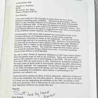 Old Nova Scotian Quilts - Typed and Printed Letter addressed to Dorothy Burnham: Typed and printed off letter addressed to Dorothy Burnham taped on the inside back cover, from author Scott Robson.