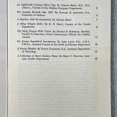 Royal Ontario Museum Bulletin of The Division of Art and Archaeology - Table of Contents: Page titled "CONTENTS" listing section titles, authors, and page numbers.