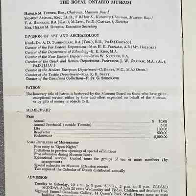 Royal Ontario Museum Bulletin of The Division of Art and Archaeology - ROM Information: Page from the book, listing board members, department heads, membership fees, and admission details.