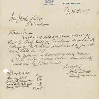 Letter to John Fulton of Pakenham from John Code, Lanark County Treasurer