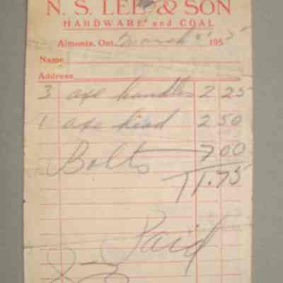 N. S. Lee & Son Hardware and Coal receipt