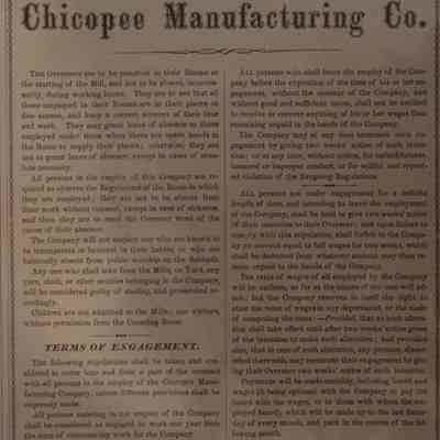 Regulations to be observed by all persons employed by the Chicopee Manufacturing Co. / E. Blake, Agent.