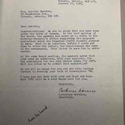 8 Letters of Congratulations for Dorothy Burnham's Order of Canada Appointment