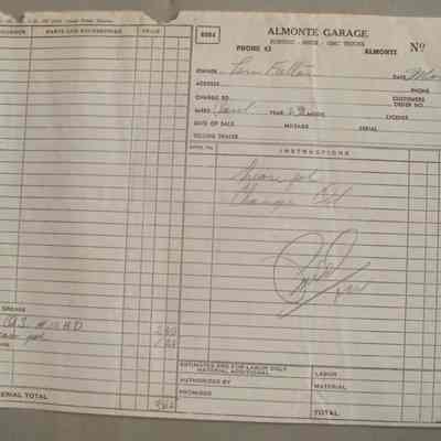 Almonte Garage receipt for Len Fulton
