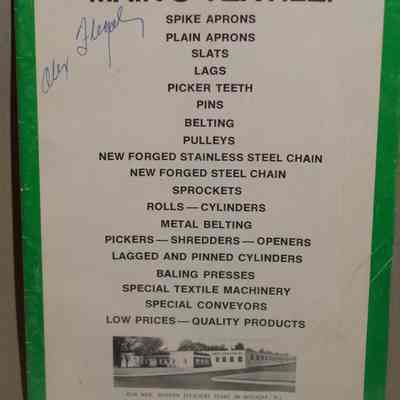 Main's Textile : Spike aprons, plain aprons, slats, lags, picker teeth, pins, belting, pulleys, new forged stainless steel chain, new forged steel chain, sprockets, rolls-cylinders, metal belting, pickers-shredders..