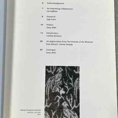 American Handweaving Museum: Introduction to the Collection - Table of Contents: Table of contents page featuring text and an image of a patterned blanket fragment.