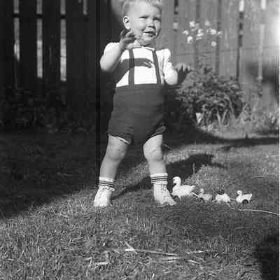 2021.12.311d: A toddler stands in a sunny garden, with toy ducklings on the ground by his feet.