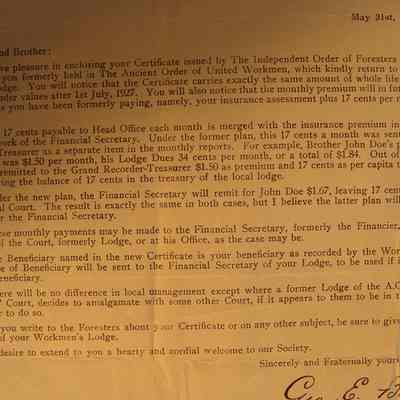 Letter from The Independent Order of Foresters (Fraternal Insurance)