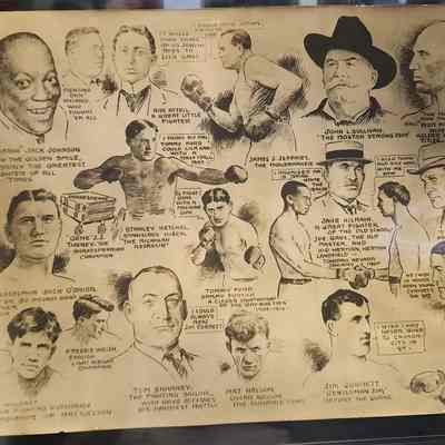 Johnson, Jack; Abe Attell, James J. Jeffries, John L. Sullivan, Bob Fitzsimmons, Gene Tunney, Stanley Ketchel, Tommy Ford, Jake Kilrain, Tex Rickard, Jack O'Brien, Jim Corbett, Freddie Welsh, Ad Wolgast, Tom Sharkey, Battling Nelson and Terry McGovern