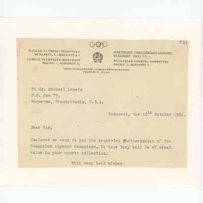 Letter to Lopota from Hungarian Olympic Office in 1952