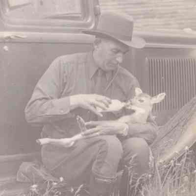 Pro. E. Vosburgh, feeding orphan fawn found after Bay Pond Fire.