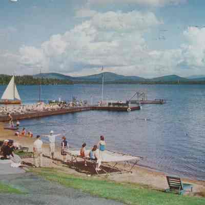 Bathing beach and water fun at Saranac Inn, on Upper Saranac Lake, Saranac Inn, New York.