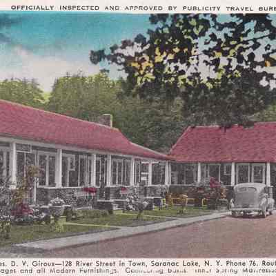 Sunshine Cottages, D. V. Giroux--128 River Street in Town, Saranac Lake, N. Y. Phone 76. Route 86. Modern Cottages and all Modern Furnishings. Connecting Baths. Innter Spring Mattresses.