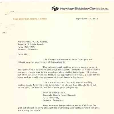 Letter - A.A. Bailie to W.A Curtis Sept 14, 1970