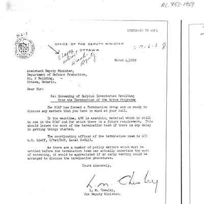 Letter to Assistant Deputy Minister, Department of Defence Production - Screening of Surplus Inventories Resulting from the Termination of the Arrow Program