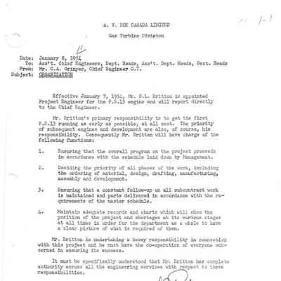 Organization - Memo Issued by C.A. Grinyer announcing the appointment to S.L. Britton as the Project Engineer for the P.S. 13 engine
