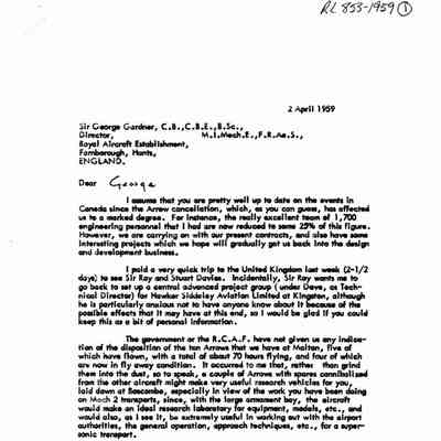 Floyd letter to Sir George Gardner, UK Director of Royal Aircraft Establishment