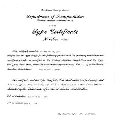 FAA and Transport Canada Type Certificate for Orenda OE600A