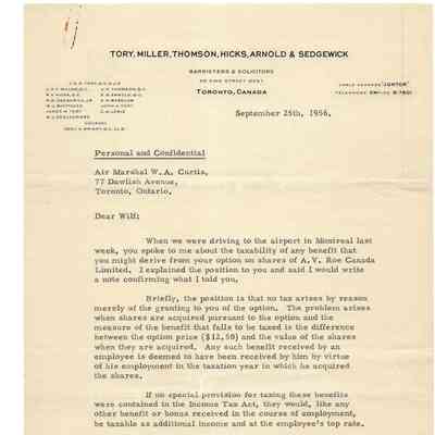 Letter - John Tory to W.A. Curtis Sept 25, 1956 (4 pages, separated)