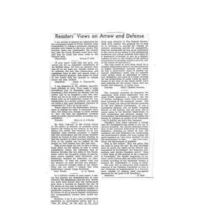 Readers views on Arrow and Defense - 1959-02-24