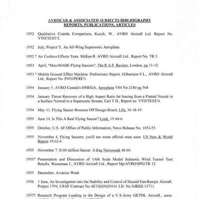 Avrocar & Associated Subjects Bibliography - Reports, Publications, Articles