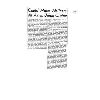 Could make Airliners at Avro, Union Claims