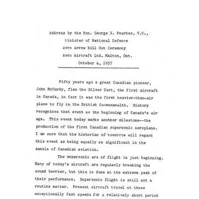 Speech by George R. Pearkes, V.C. - Arrow Rollout