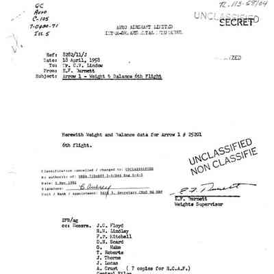 Arrow 1 - Weight and Balance Data - 6th Flight for Aircraft 25201