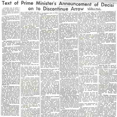 Text of Prime Minister's announcement of decision on to discontinue Arrow